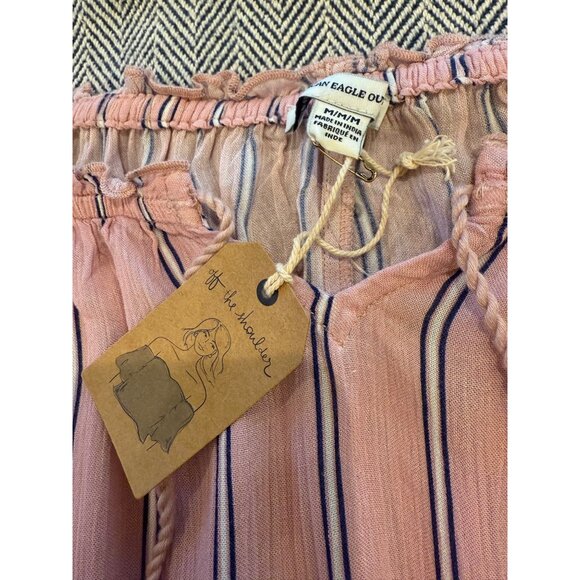 NWT American Eagle Off-The-Shoulder Pink Striped Blouse W/ Lace Details - M - Picture 5 of 11